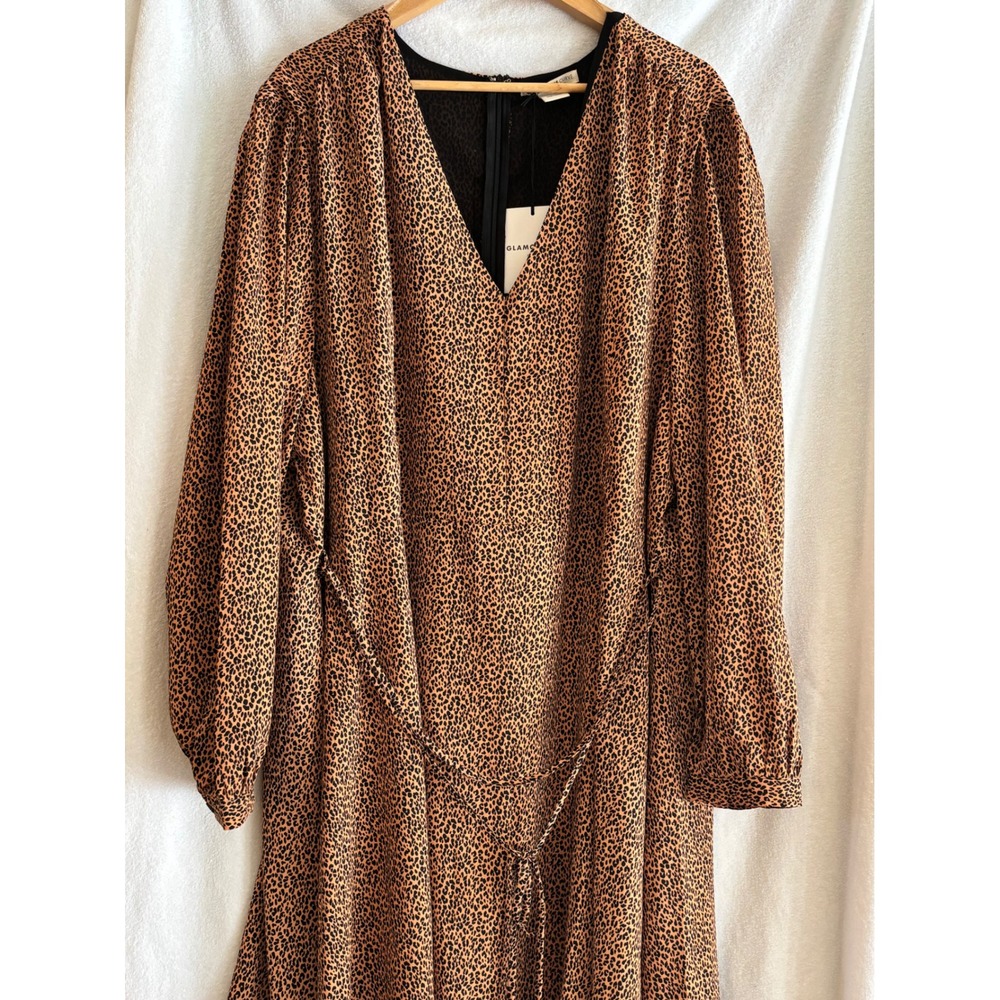 Glamorous Curve Leopard Print V-Neck Midi Dress Long Sleeve Brown Black US 22